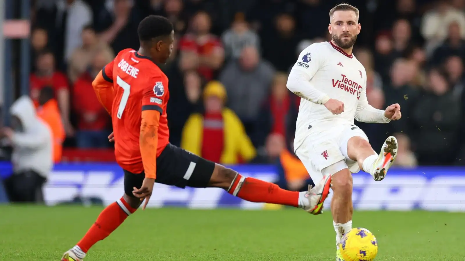 Male Utd protector Luke Shaw enacts the sphere during a suit.