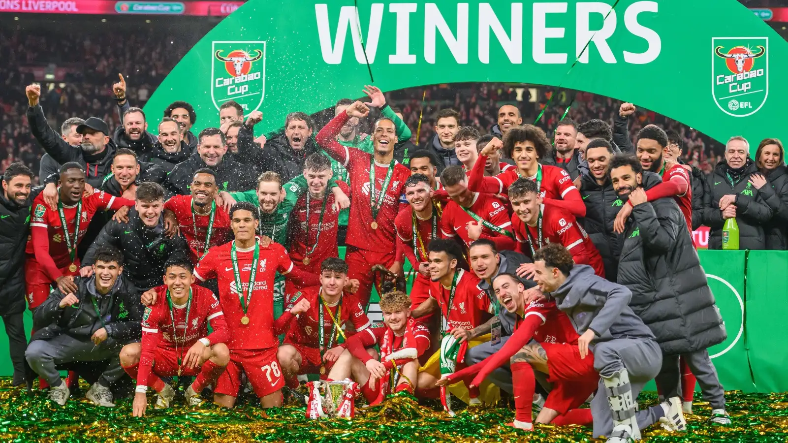 Liverpool rejoice their Carabao Cup final triumph.