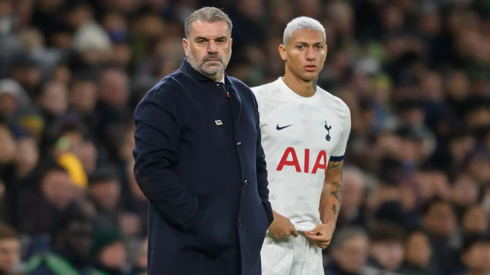 Tottenham could miss 10-goal star for a month as Postecoglou provides four-man injury update 1 Tottenham head train Ange Postecoglou as well as striker Richarlison during a match.