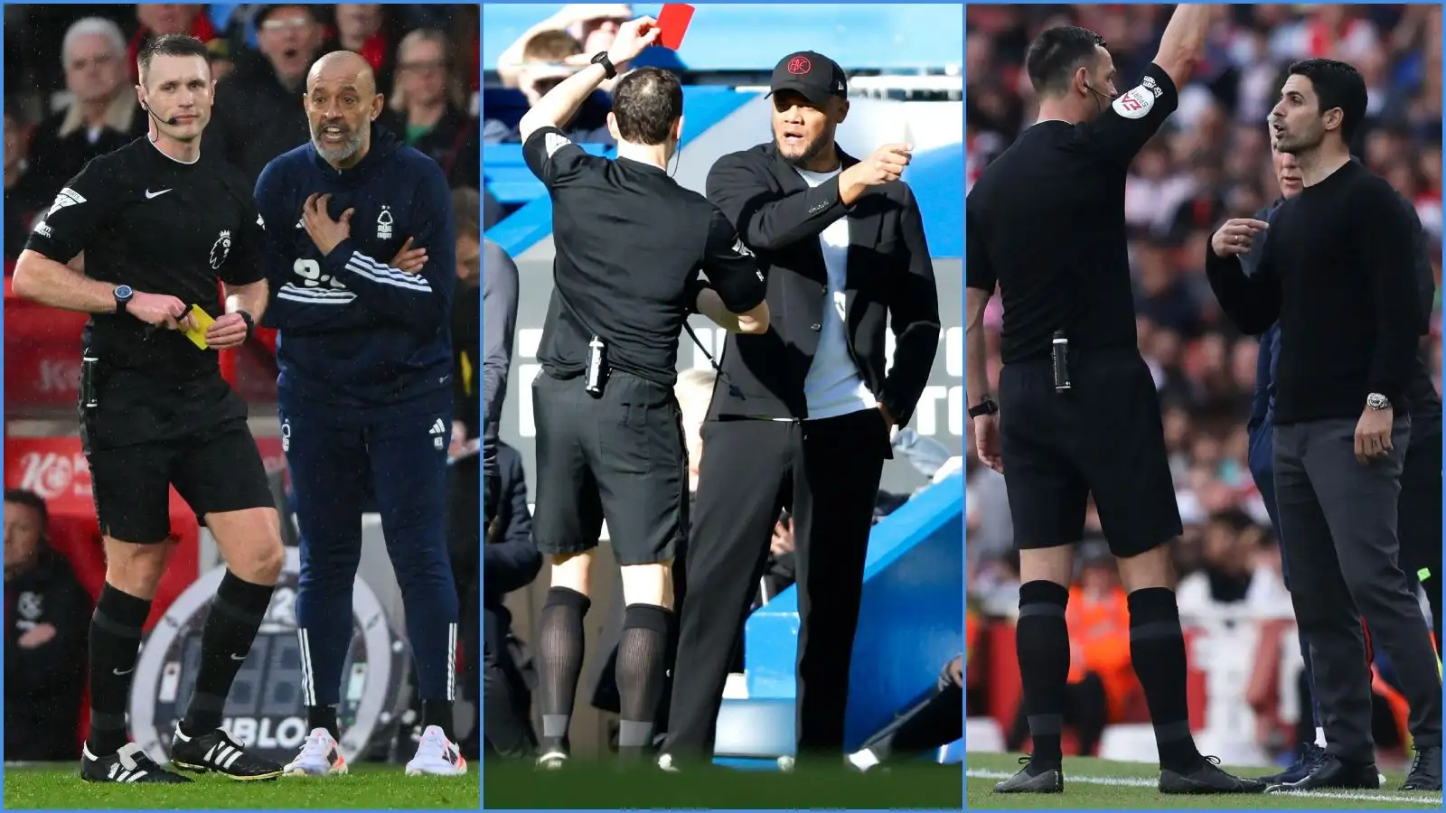 Nottingham Forest manager, Nuno Espirito Santo, Burnley coach Vincent Kompany and Mikel Arteta of Arsenal are carded by referees