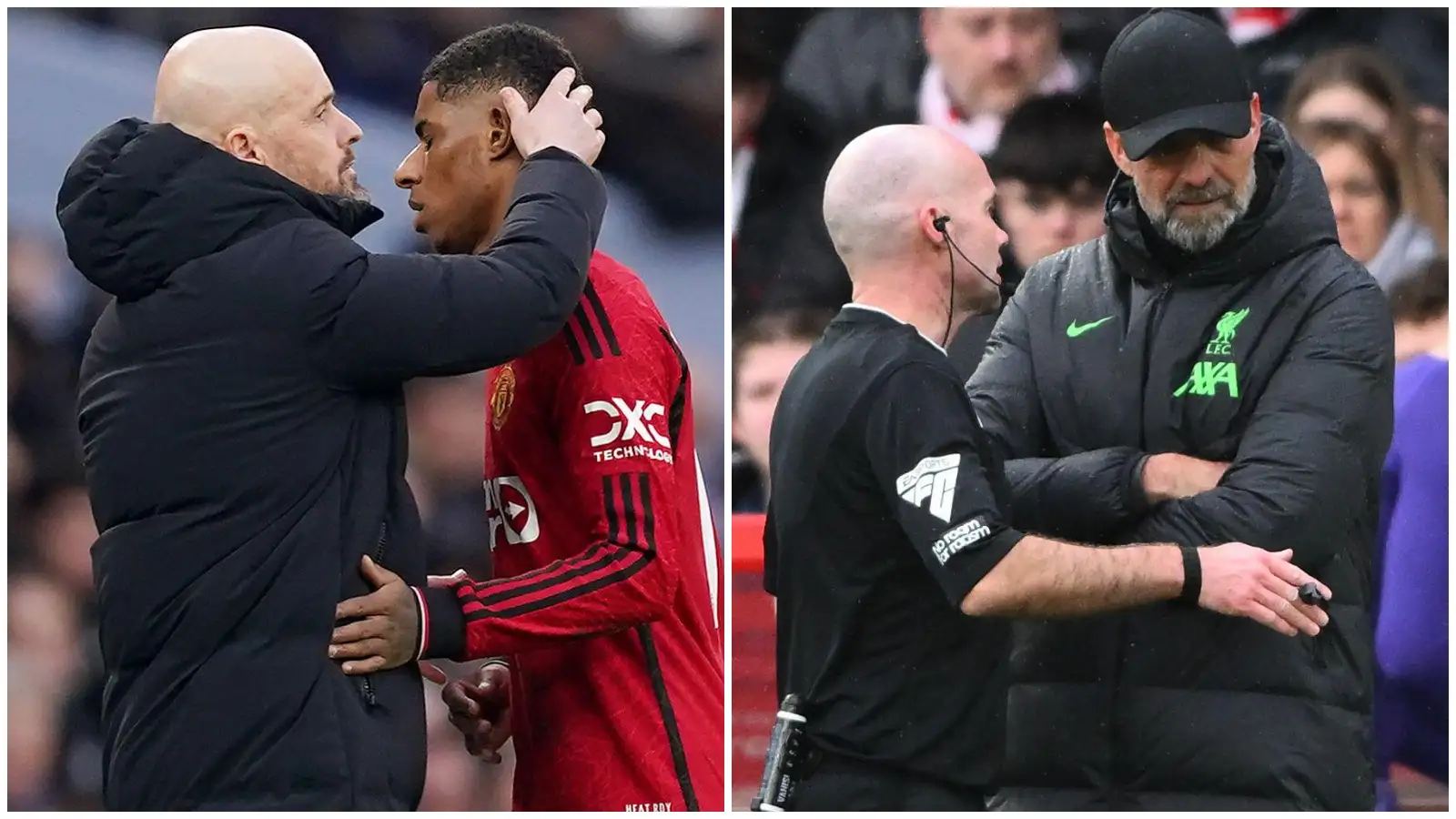 Manchester United employer Erik ten Hag talks to Marcus Rashford; ref Paul Tierney conversations with Jurgen Klopp.