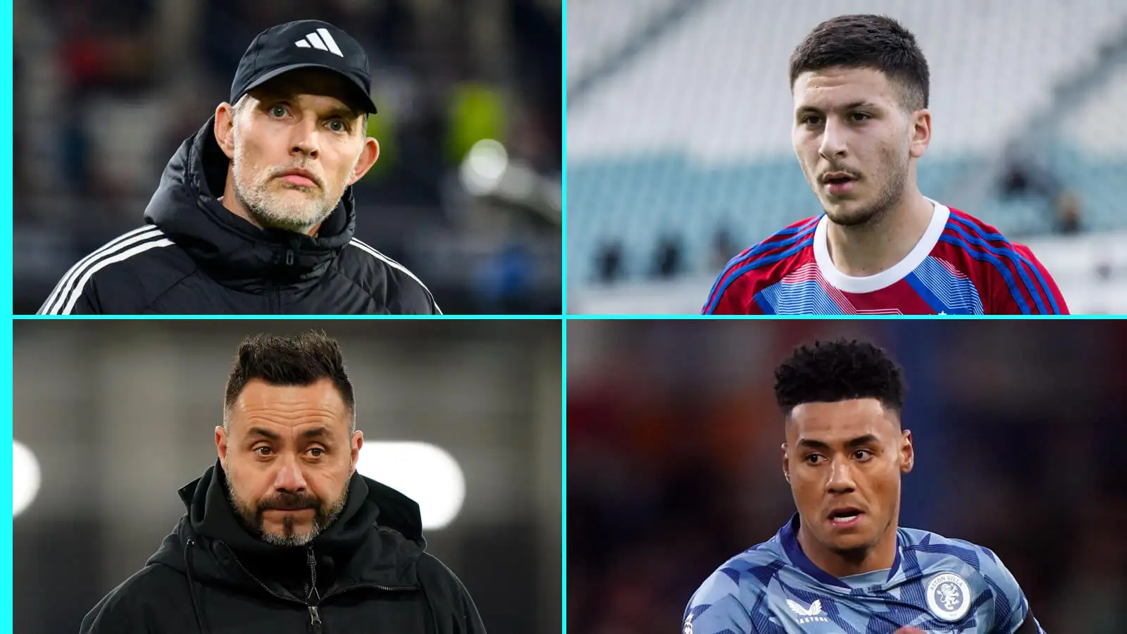 Thomas Tuchel, Roony Bardghji, Roberto De Zerbi, and Ollie Watkins.