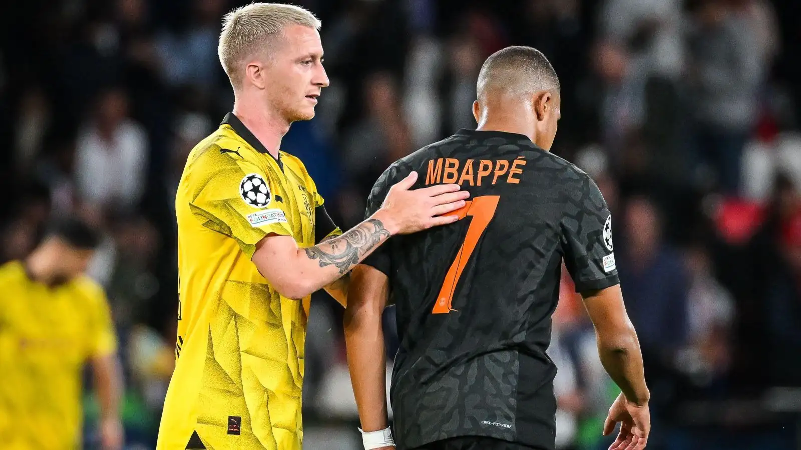 Reported West Pork target Marco Reus by means of Kylian Mbappe after a match.