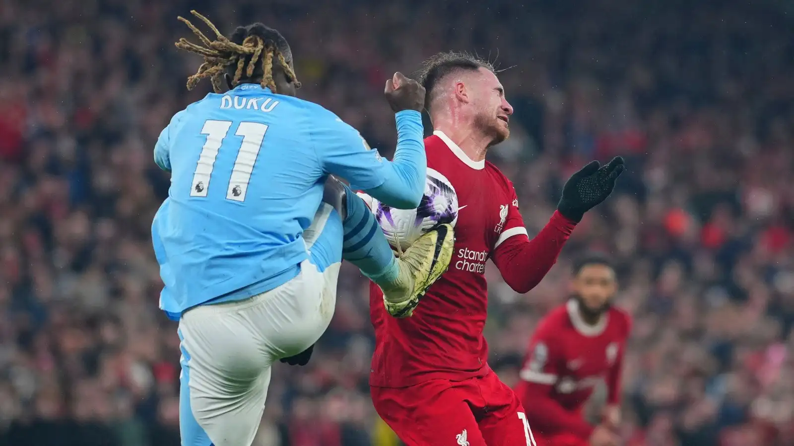 Jurgen Klopp bodies Mike Dean in drive-by during tetchy Sky interview 1 Jeremy Doku catches Alexis Mac Allister