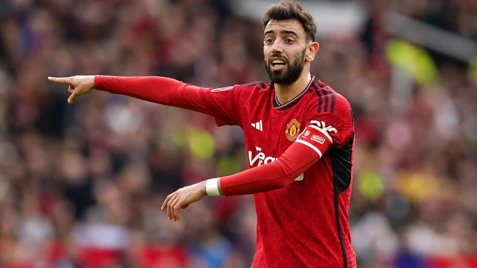 Dude Utd captain Bruno Fernandes gestures during a match.