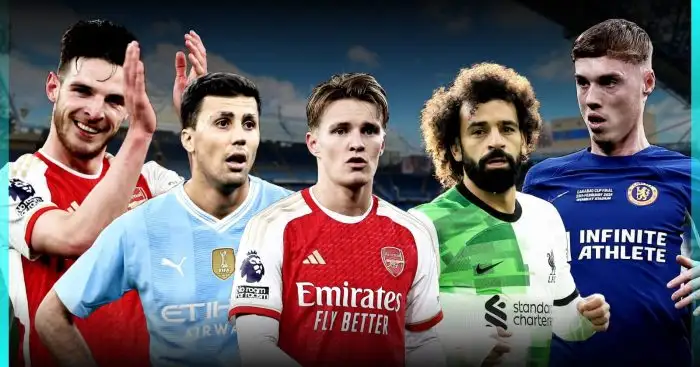 Arsenal players Declan Rice and Martin Odegaard, Manchester City midfielder Rodri, Liverpool forward Mo Salah and Cole Palmer of Chelsea