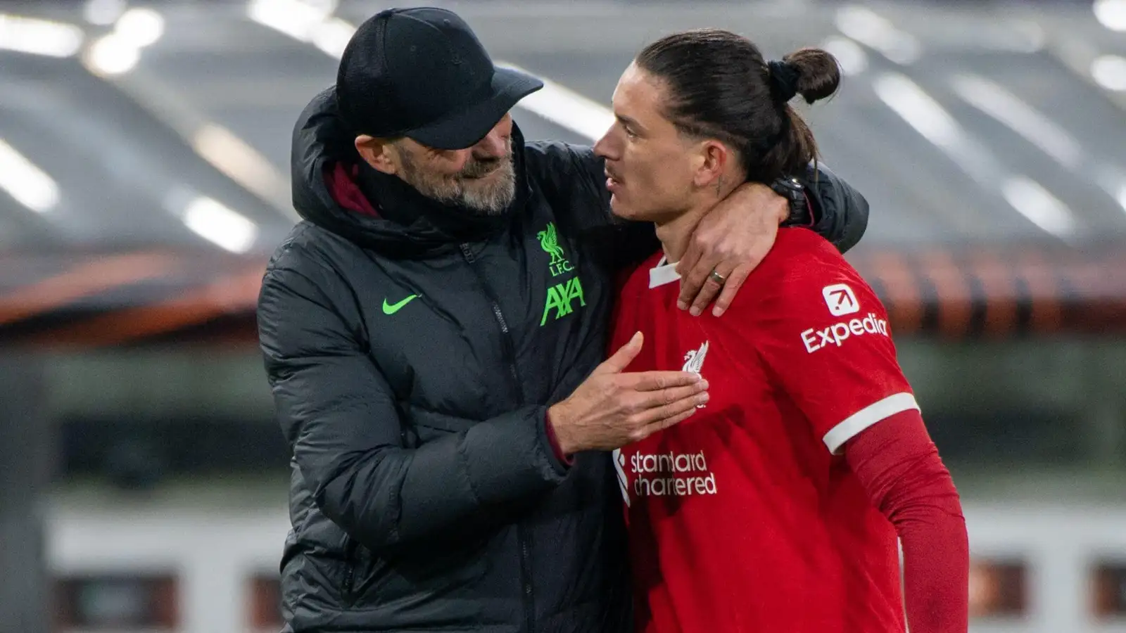 Jurgen Klopp hugs Darwin Nunez after a Liverpool game.