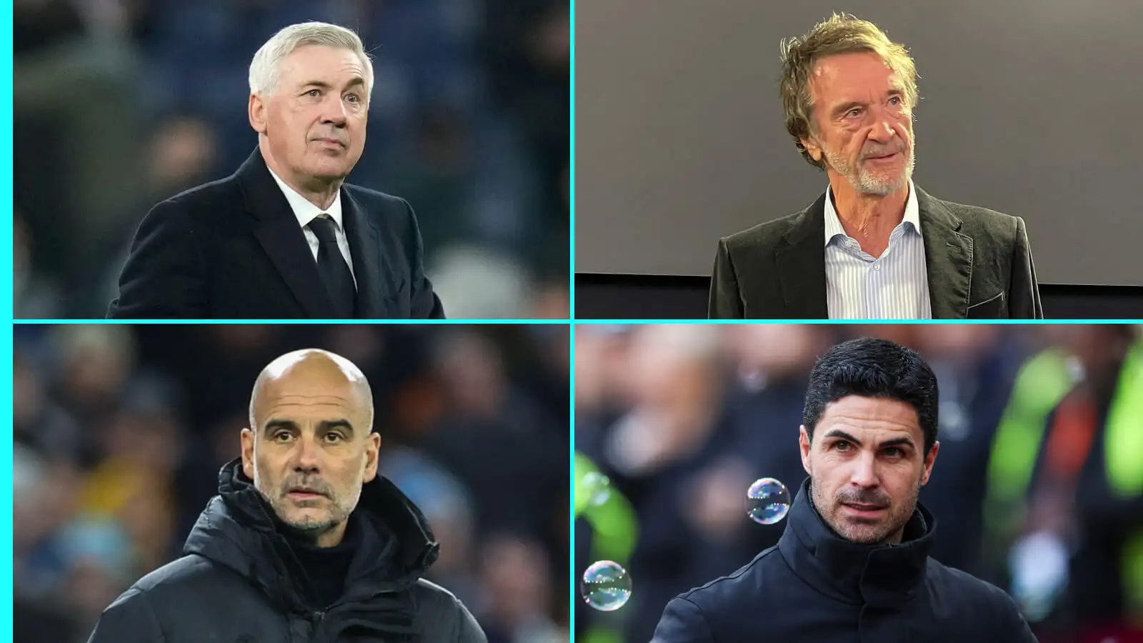 Carlo Ancelotti, Sir Jim Ratcliffe, Pep Guardiola. MIkel Arteta.