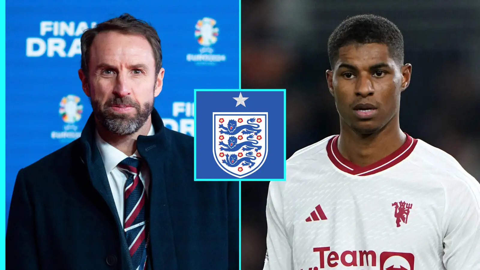 Marcus Rashford and Gareth Southgate by means of the England badge
