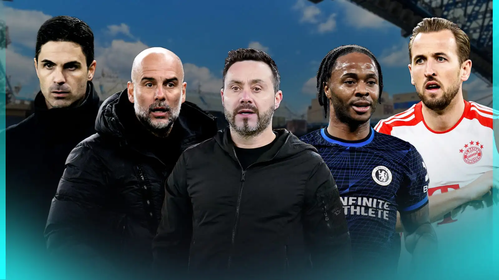 Mikel Arteta, Pep Guardiola, Roberto Di Zerbi, Raheem Sterling and Harry Kane.