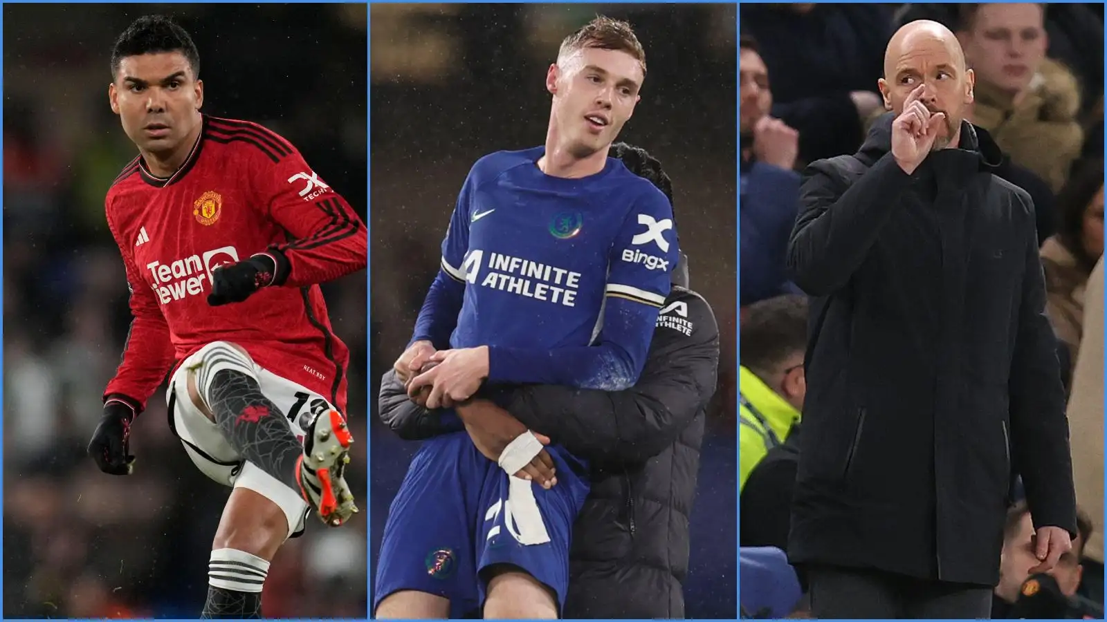 Manchester United midfielder Casemiro, Chelsea player Cole Palmer and manager Erik ten Hag