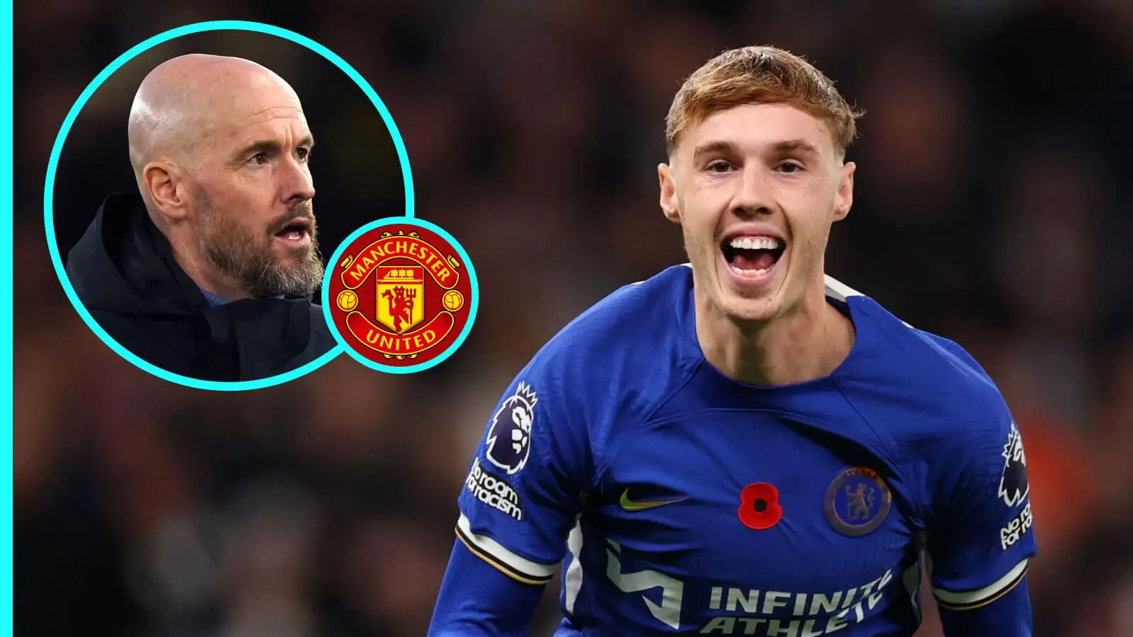 Erik ten Hag, Chelsea forward Cole Palmer and also the Manchester United badge