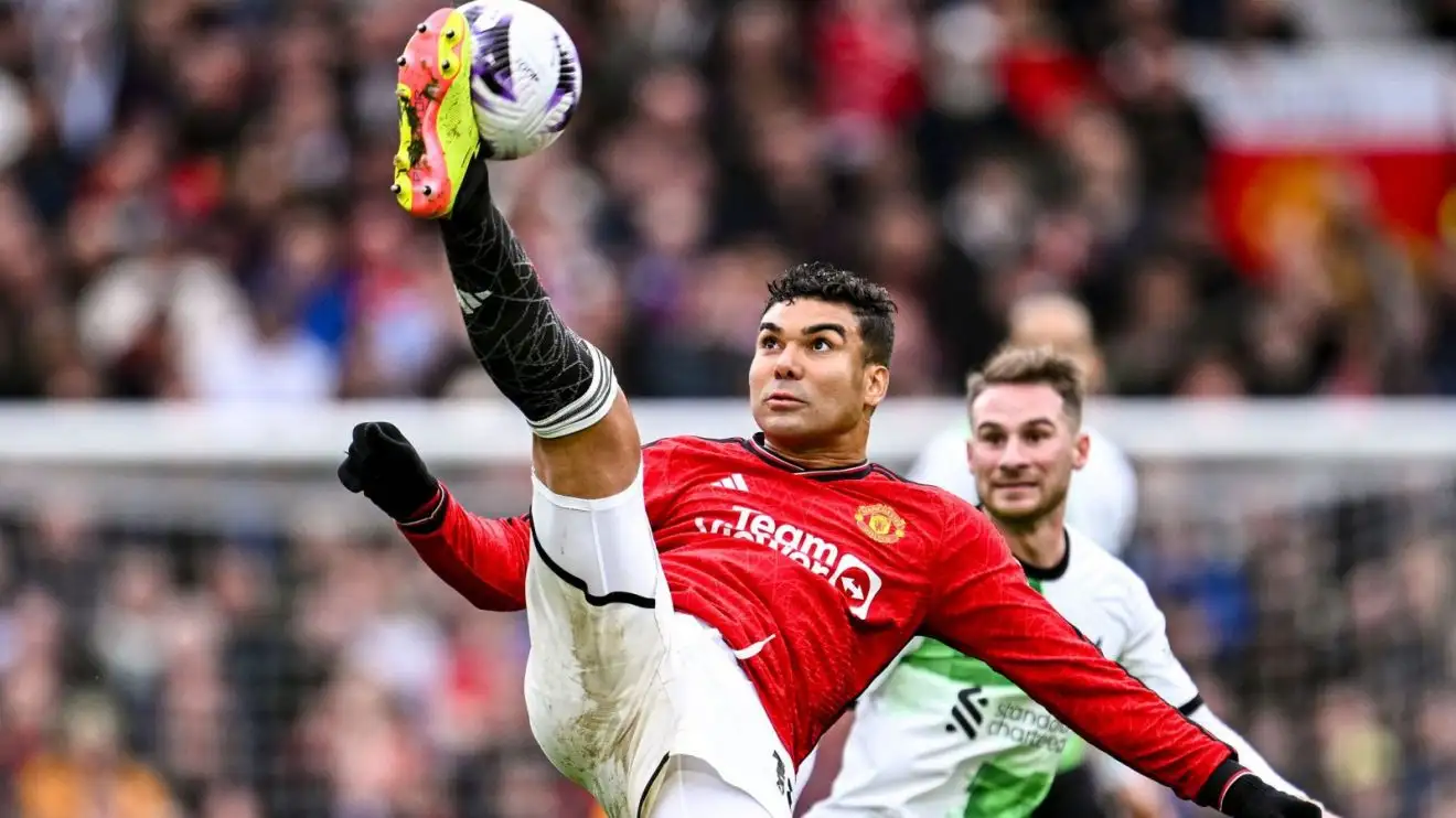 Casemiro campaigns an overhanging kick for Manchester Joined versus Liverpool