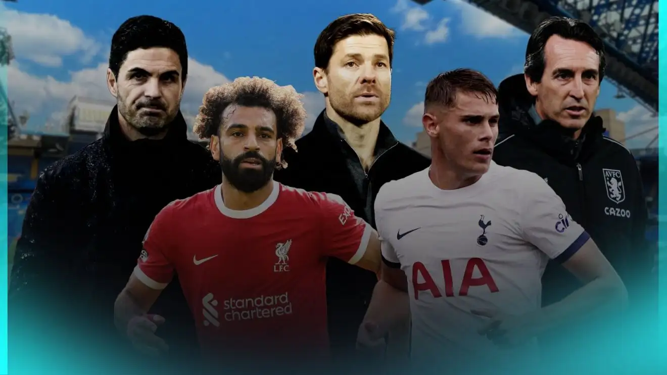 Arsenal manager Mikel Arteta, Liverpool player Mo Salah, Bayer Leverkusen coach Xabi Alonso, Spurs defender Micky van de Ven and Aston Villa's Unai Emery