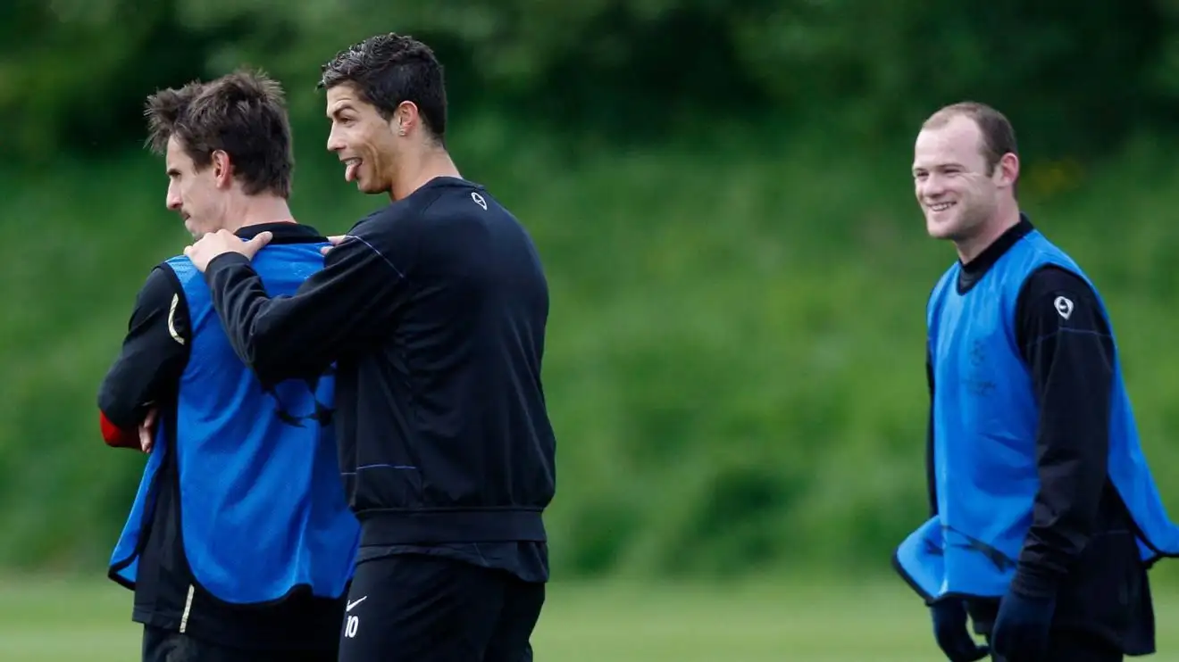 Gary Neville, Cristiano Ronaldo and also Wayne Rooney having a endearing time with each other at Manchester Joined