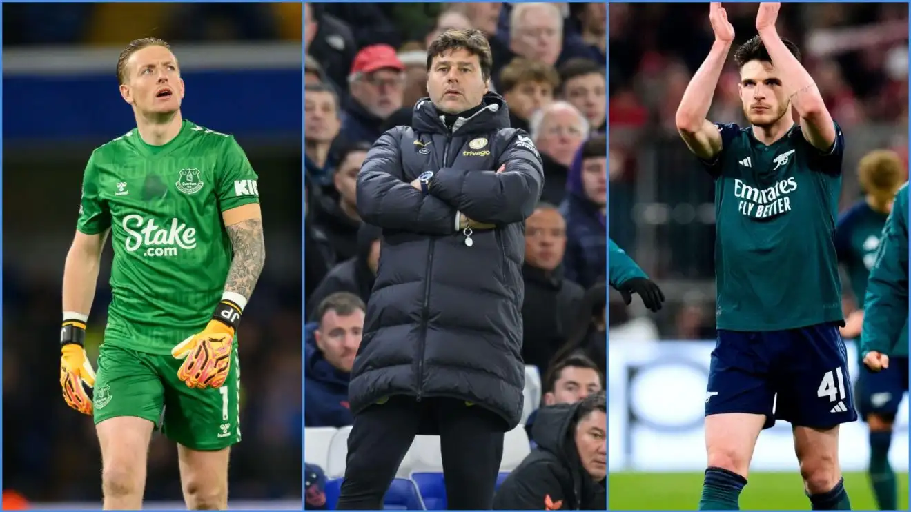 Everton keeper Jordan Pickford, Chelsea manager Mauricio Pochettino and Arsenal midfielder Declan Rice