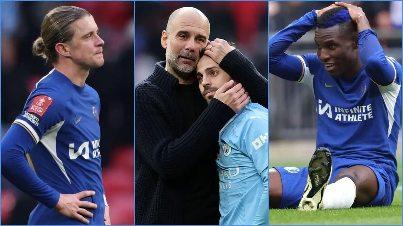 Chelsea midfielder Conor Gallagher, Pep Guardiola and Bernardo Silva of Manchester City and Nicolas Jackson
