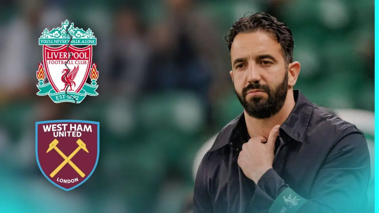 Sporting boss Ruben Amorim through the Liverpool and West Ham badges