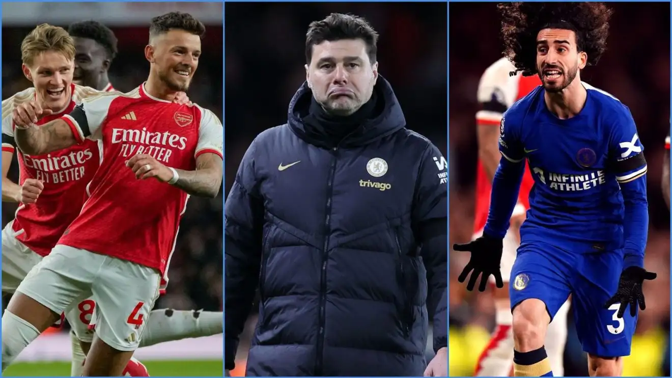 Arsenal players Martin Odegaard and Benjamin White, Chelsea manager Mauricio Pochettino and defender Marc Cucurella