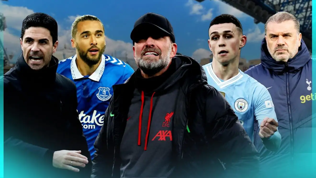 Arsenal manager Mikel Arteta, Everton striker Dominic Calvert-Lewin, Liverpool coach Jurgen Klopp, Manchester City player Phil Foden and Ange Postecoglou of Spurs