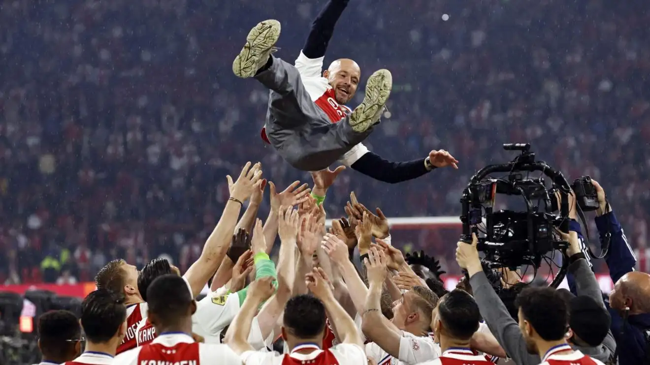Ten Hag sack? Man Utd boss on 'three-man shortlist' as Euro giants eye surprise appointment 1 Erik ten Hag memorializes attractive the Eredivisie title wearing his Ajax players