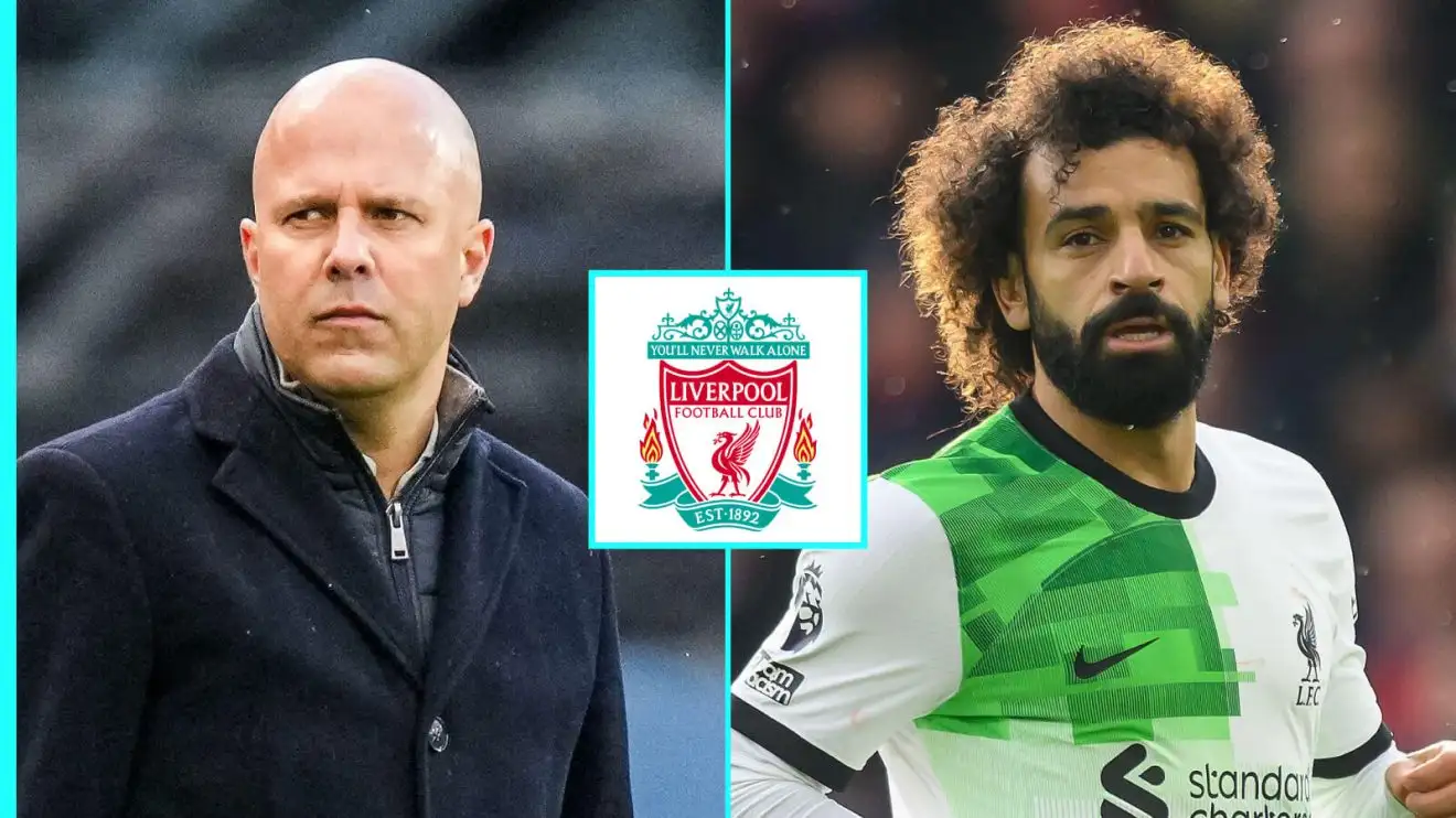 Arne Slot to turn down £100m for Mo Salah after Klopp row? 1 Arne Connector and also Mo Salah with Liverpool badge.