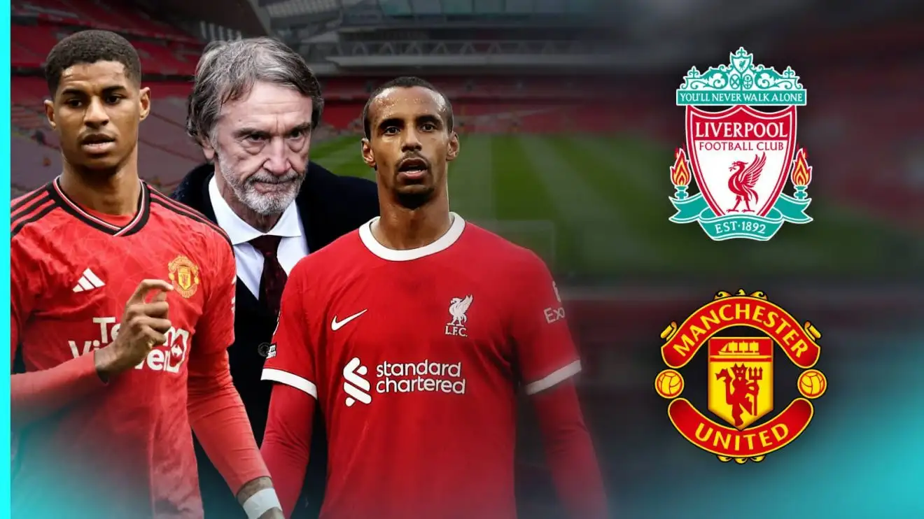 Marcus Rashford, Sir Jim Ratcliffe and also Joel Matip by means of the Liverpool and also Manchester Unified badges