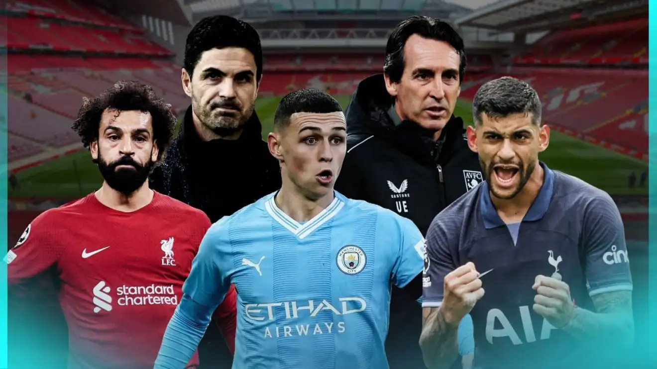 Liverpool forward Mo Salah, Arsenal manager Mikel Arteta, Manchester City player Phil Foden, Aston Villa coach Unai Emery and Spurs defender Cristian Romero
