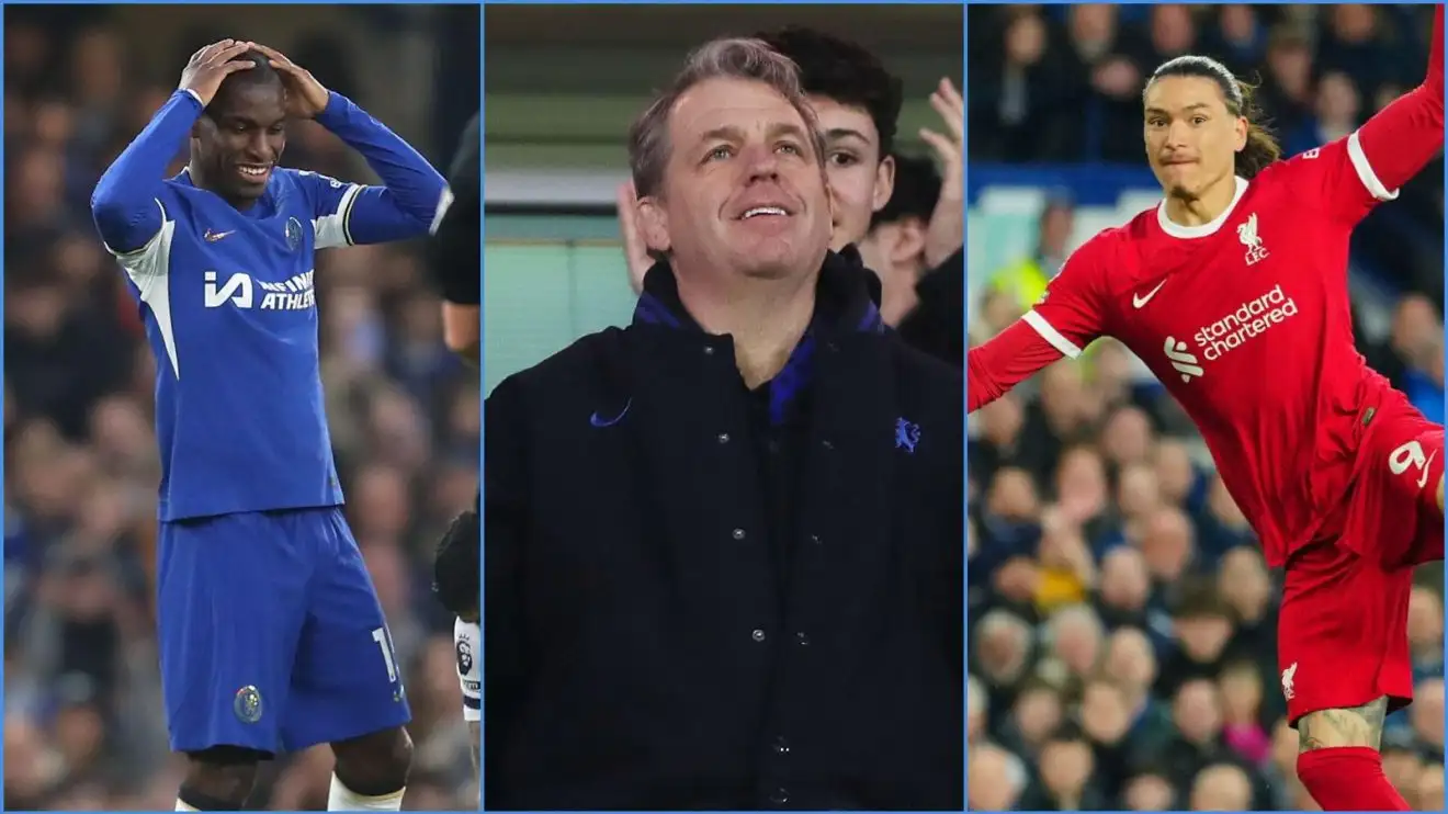 Chelsea onward Nicolas Jackson and owner Todd Boehly, with Liverpool striker Darwin Nunez