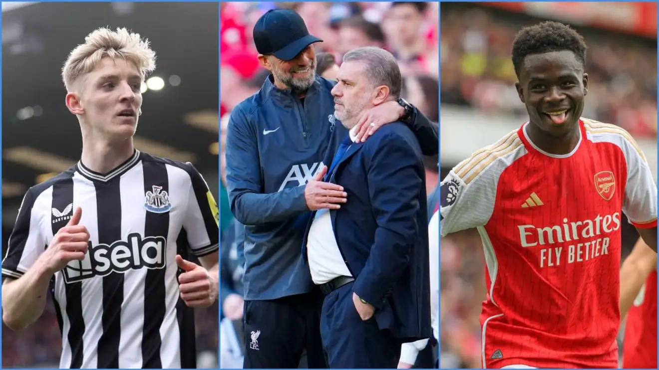 Newcastle forward Anthony Gordon, Liverpool manager Jurgen Klopp, Spurs coach Ange Postecoglou and Arsenal player Bukayo Saka