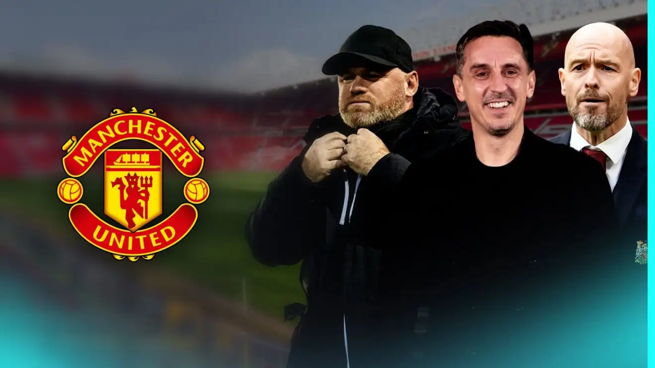 Man Utd must sack Ten Hag and get Neville or Rooney to drop 'rats' after 'embarrassing' defeat 1 Wayne Rooney, Gary Neville and Erik ten Hag via the Dude Utd badge