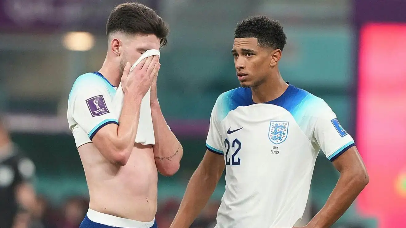 Jude Bellingham and Declan Rice during a match for England