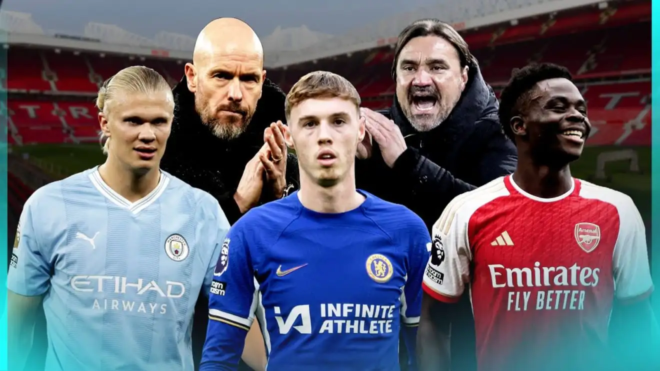 Manchester City striker Erling Haaland, Manchester United manager Erik ten Hag, Chelsea forward Cole Palmer, Leeds coach Daniel Farke and Arsenal player Bukayo Saka
