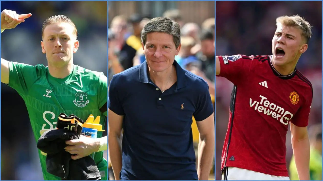 Everton goalkeeper Jordan Pickford, Crystal Palace manager Oliver Glasner and Manchester United striker Rasmus Hojlund
