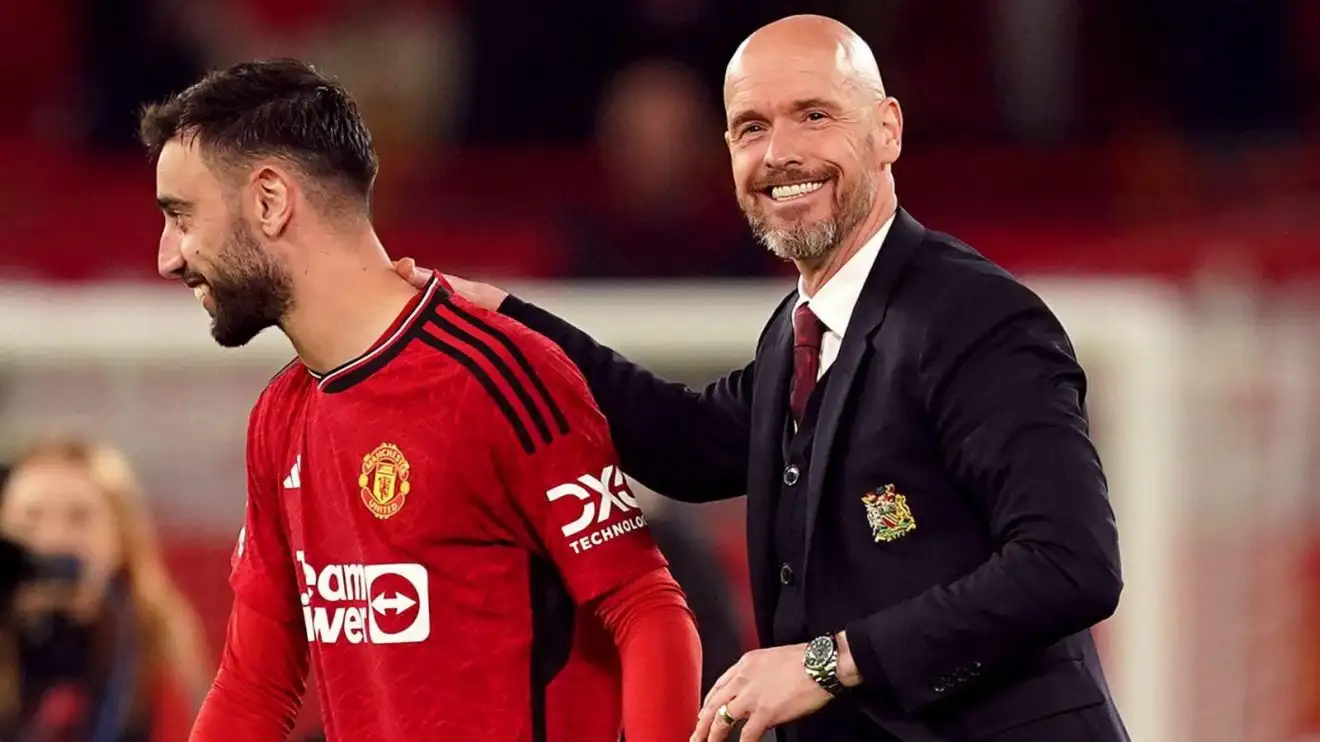Man Utd: Fernandes discusses future with Ten Hag keen to keep star wanted by Ronaldo, Al Nassr 1 Guy Utd manager Erik ten Hag and also Bruno Fernandes after a win