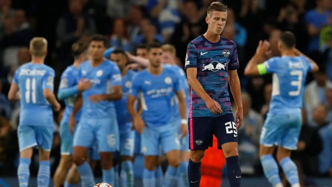 Reported Man City target Dani Olmo looks dejected after conceding a goal
