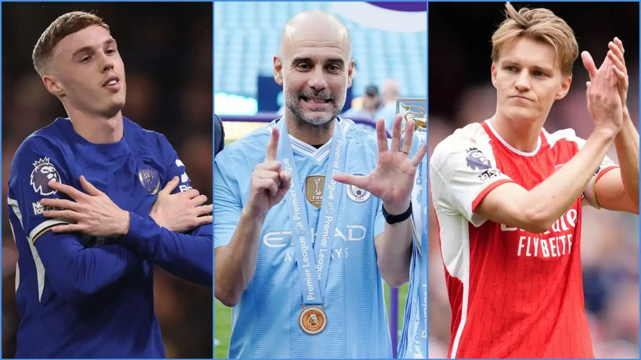 Chelsea player Cole Palmer, Manchester City manager Pep Guardiola and Arsenal captain Martin Odegaard