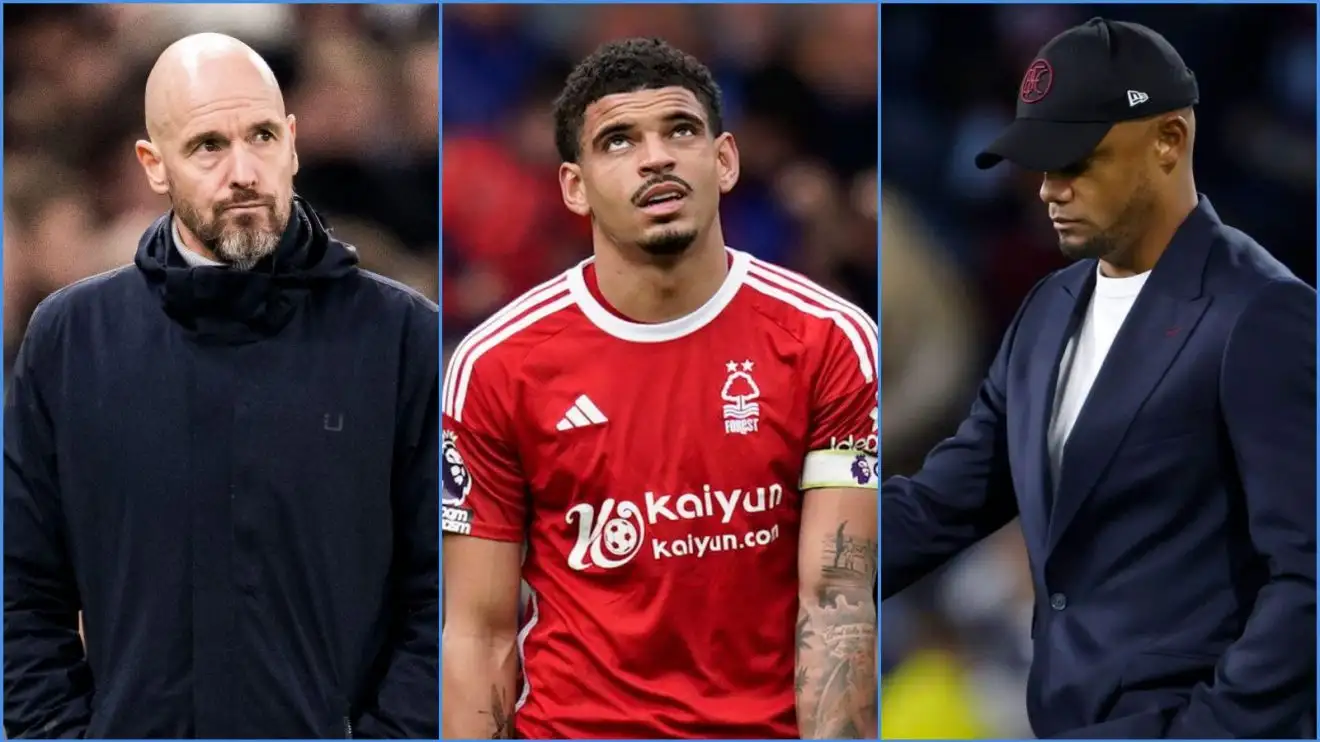 Manchester United manager Erik ten Hag, Nottingham Forest player Morgan Gibbs-White and Burnley coach Vincent Kompany
