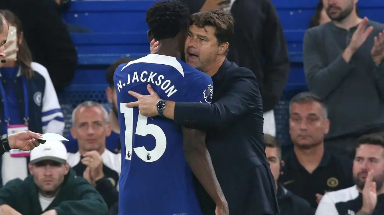 Chelsea company Mauricio Pochettino hugs demonstrator Nicolas Jackson