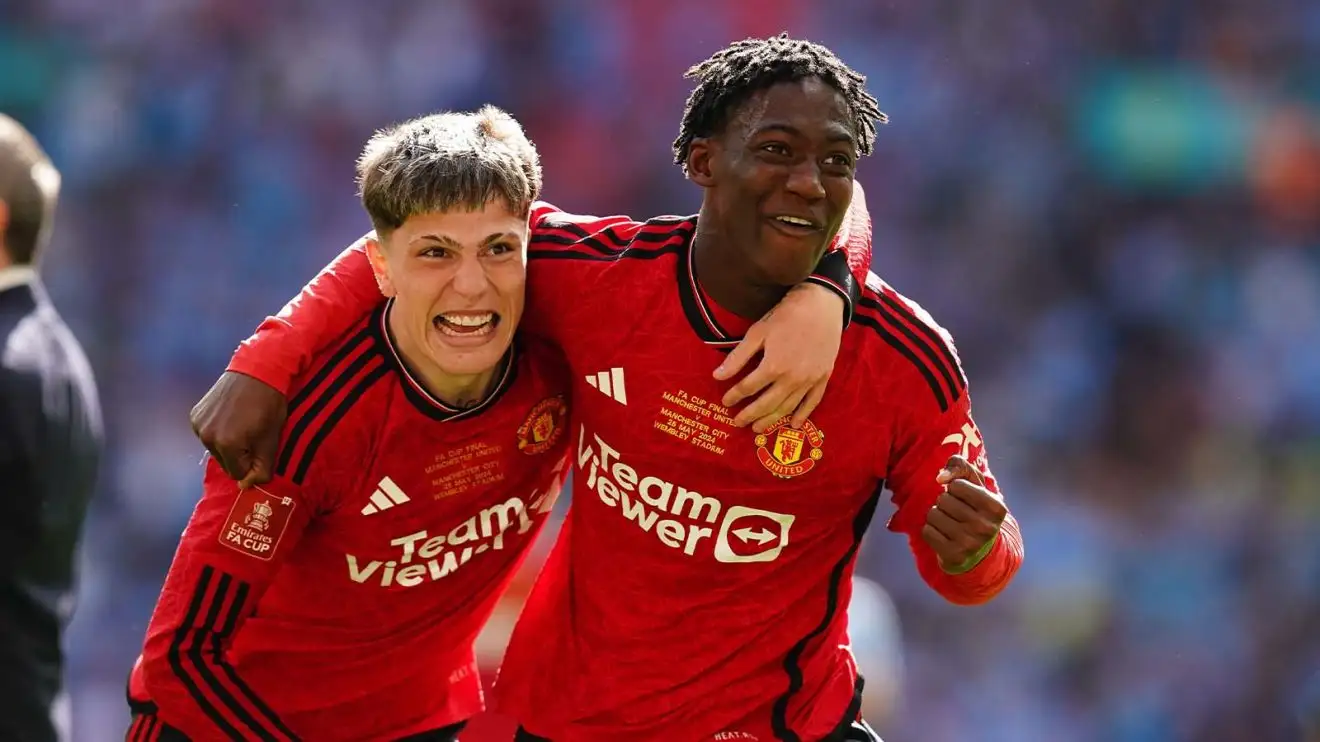 Alejandro Garnacho and Kobbie Mainoo celebrate winning the FA Cup