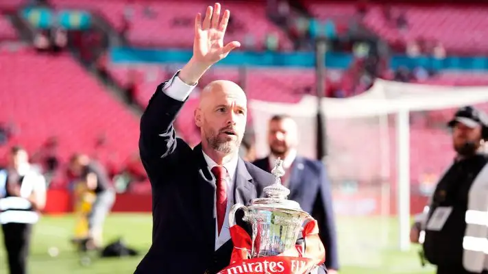 Erik ten Hag waves to the fans after leading Manchester United to the FA Cup