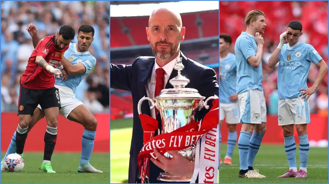 Bruno Fernandes, Rodri, Erik ten Hag, Kevin De Bruyne and Phil Foden during the FA Cup final between Manchester City and Man Utd