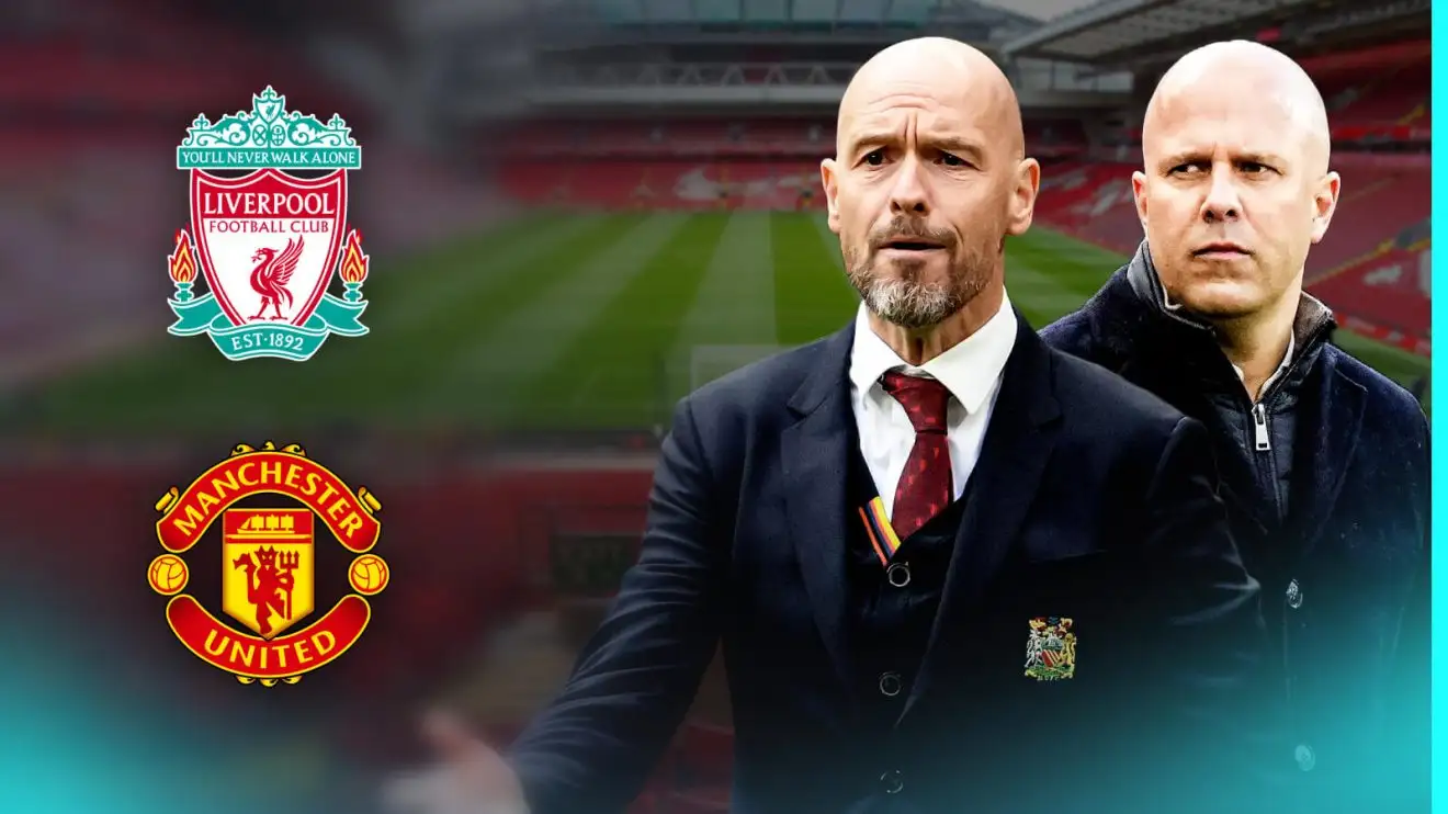 Erik ten Hag as well as Arne Port through Liverpool as well as Male Utd badges.