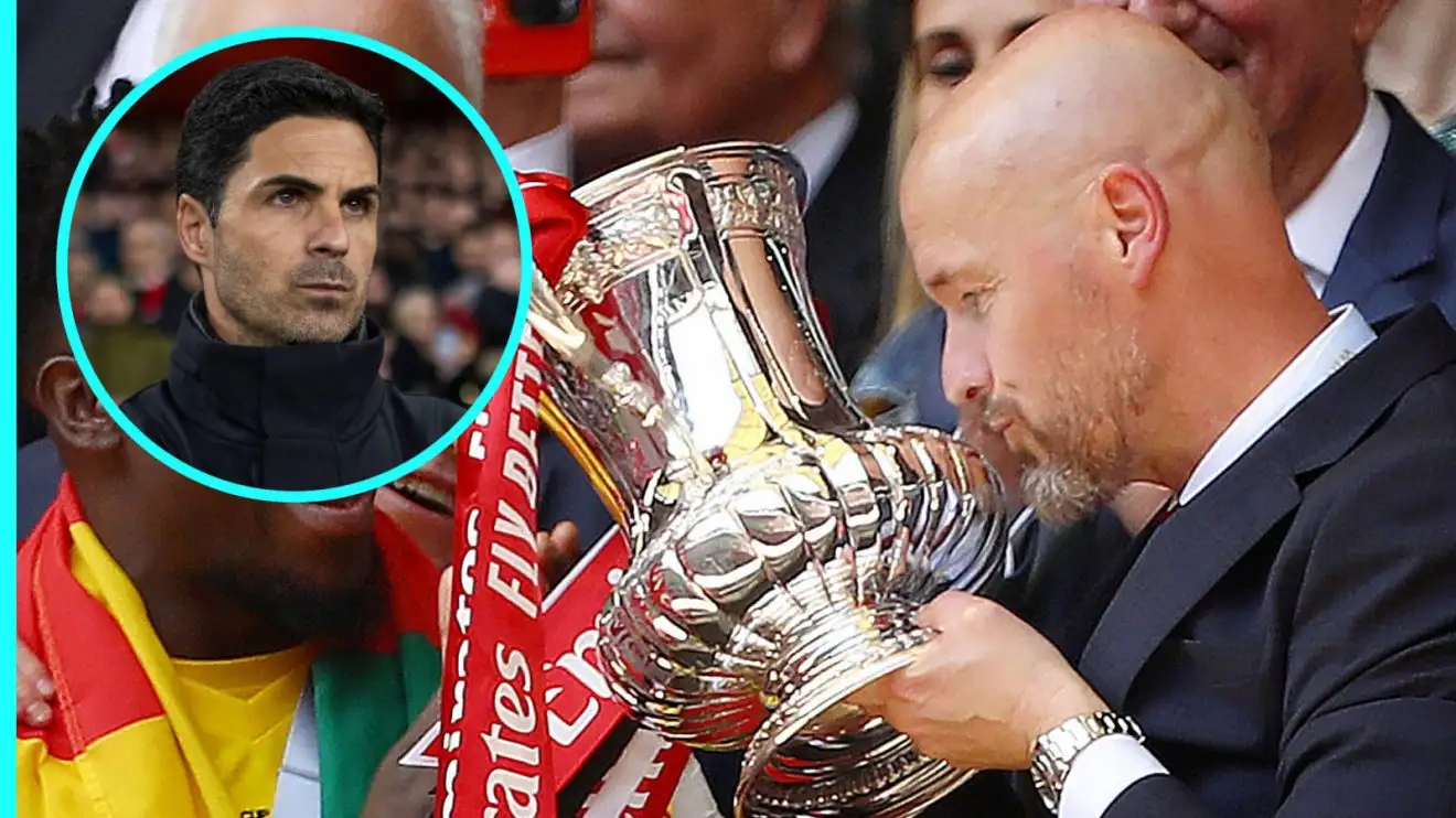 Erik ten Hag kisses the FA Mug while Mikel Arteta victories nothing