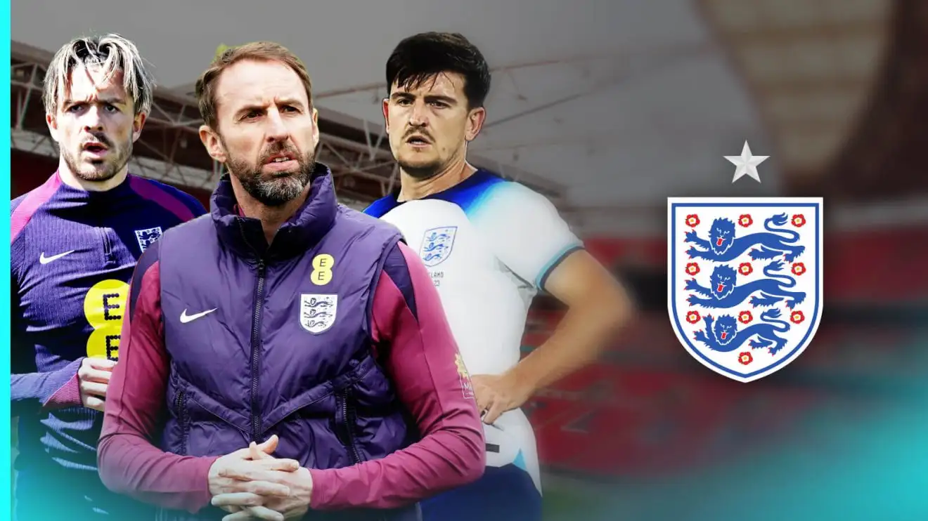 Gareth Southgate, Harry Maguire and JAck Grealish with England badge.