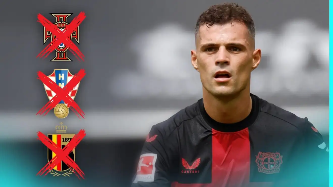 Bayer Leverkusen midfielder Granit Xhaka with the badges of Portugal, Croatia and Belgium crossed out