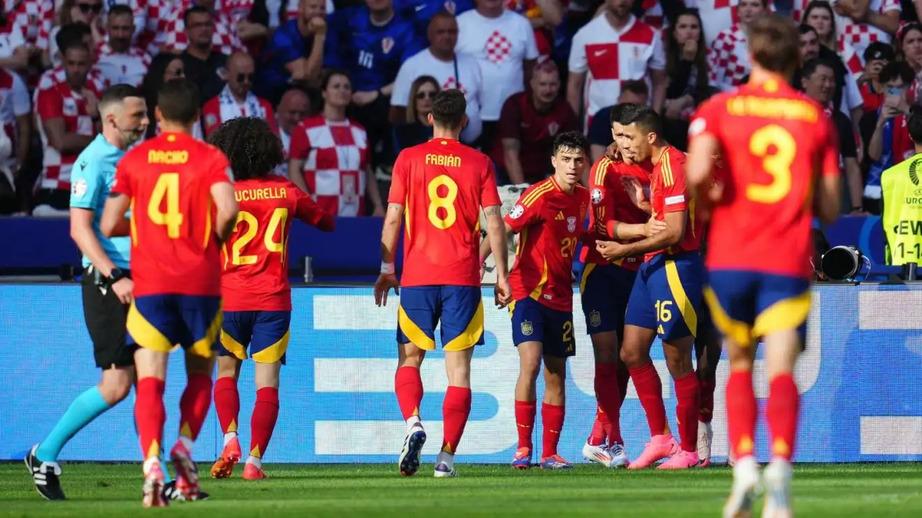 Spain celebrate their first goal in a 3-0 Euro 2024 win over Croatia