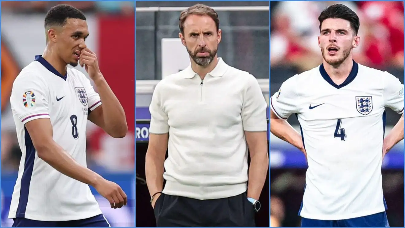 England player Trent Alexander-Arnold, manager Gareth Southgate and midfielder Declan Rice