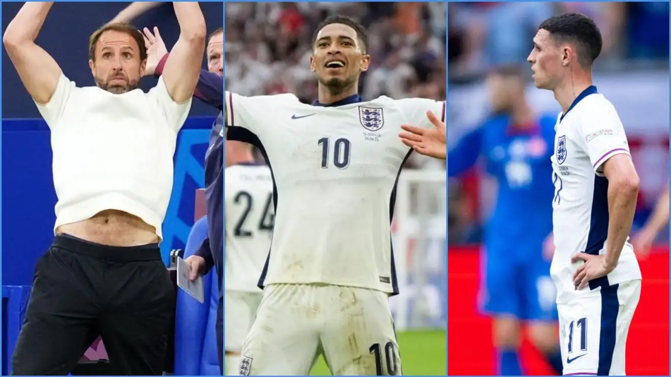 Gareth Southgate, Jude Bellingham and Phil Foden of England