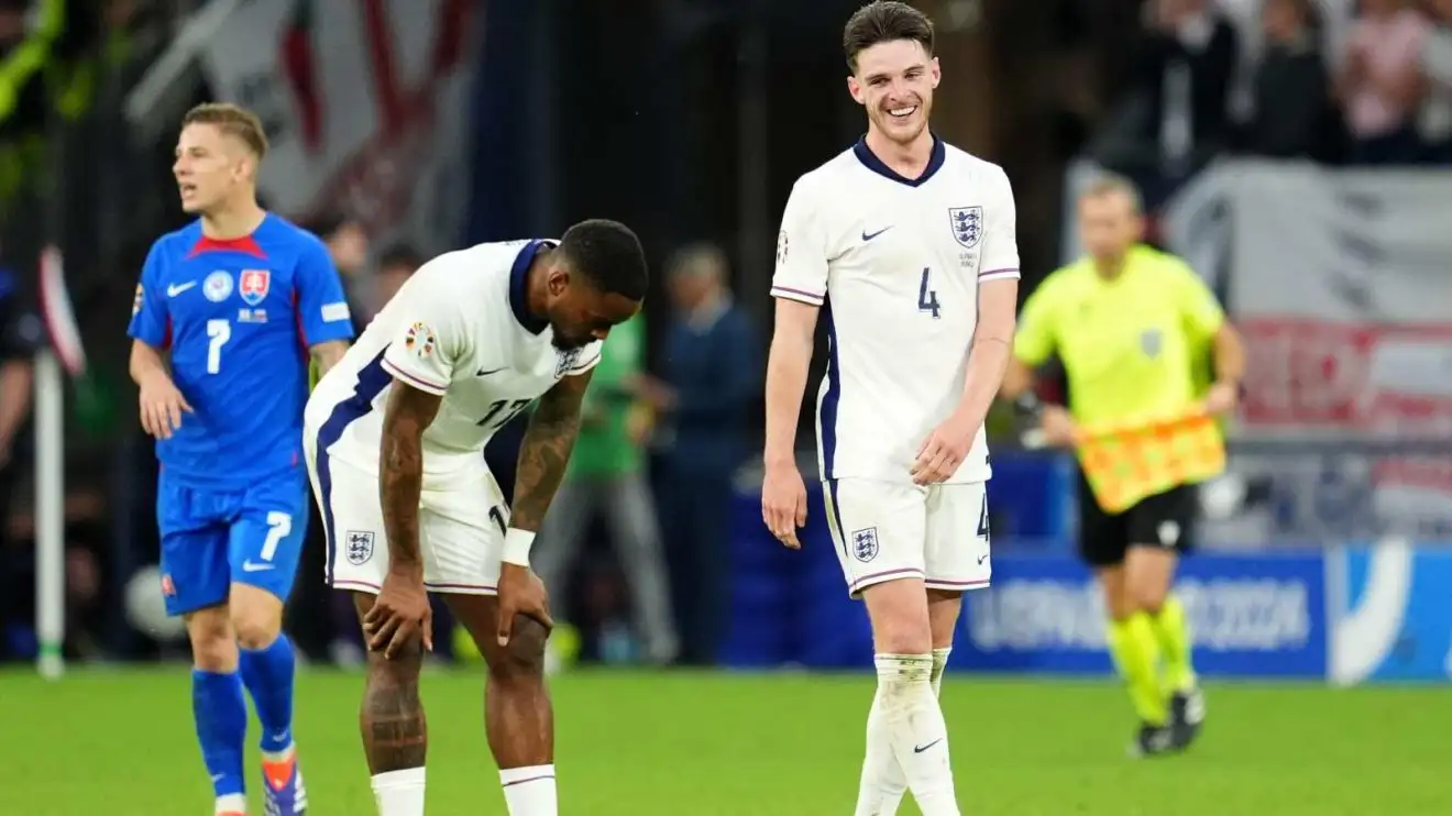 England players Ivan Toney and Declan Rice after the full-time whistle versus Slovakia